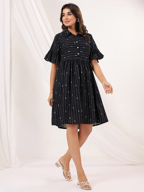 Janasya Women's Black Cotton Abstract Printed A-line Dress